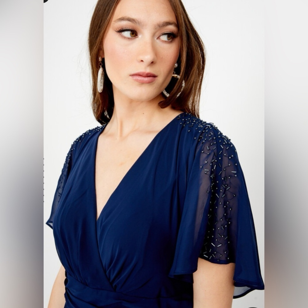 SLNY V Neck Beaded Shoulders Wrap Dress Size 8 NWT - Picture 5 of 10